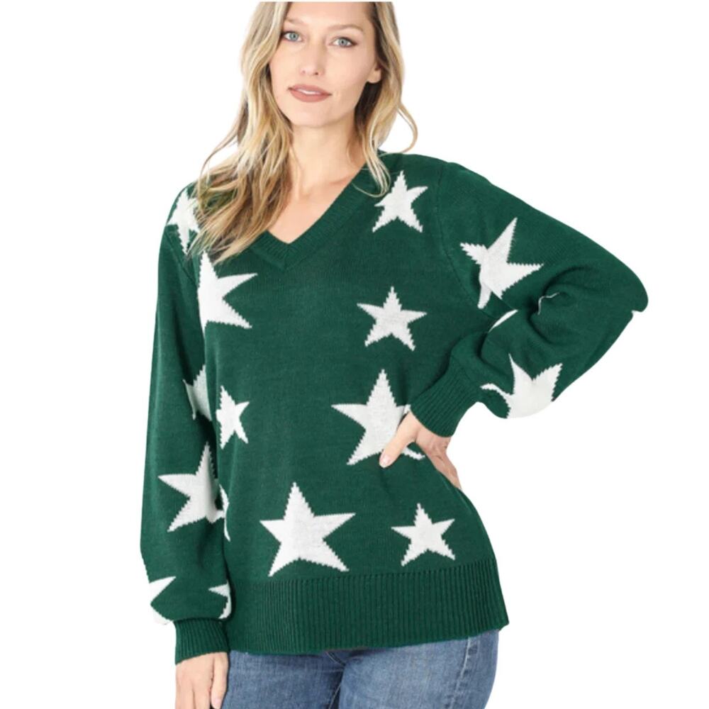 Zenana Women's Oversized Green Sweater White Stars Long Sleeves,‎ V-neck, Medium
